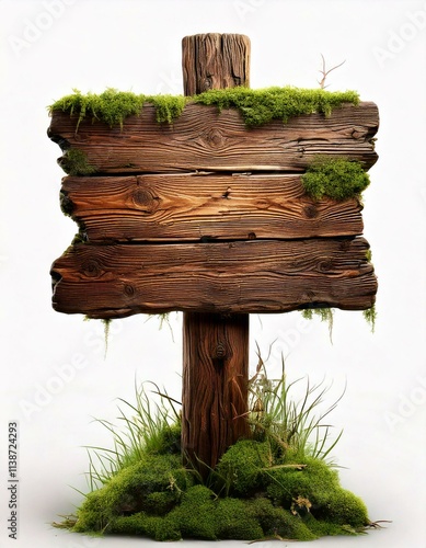 isolated realistic old wooden signboard with moss on a white background