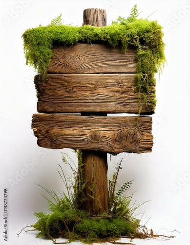 isolated realistic old wooden signboard with moss on a white background
