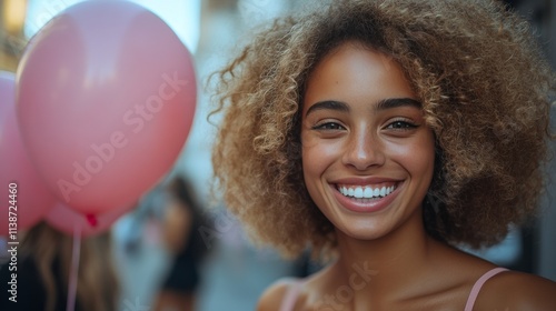 Smiling young woman with curly hair holding pink balloons in a vibrant urban ...