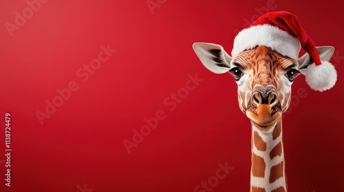 Funny smiling giraffe wearing a santa hat against a bright red background for festive cheer photo