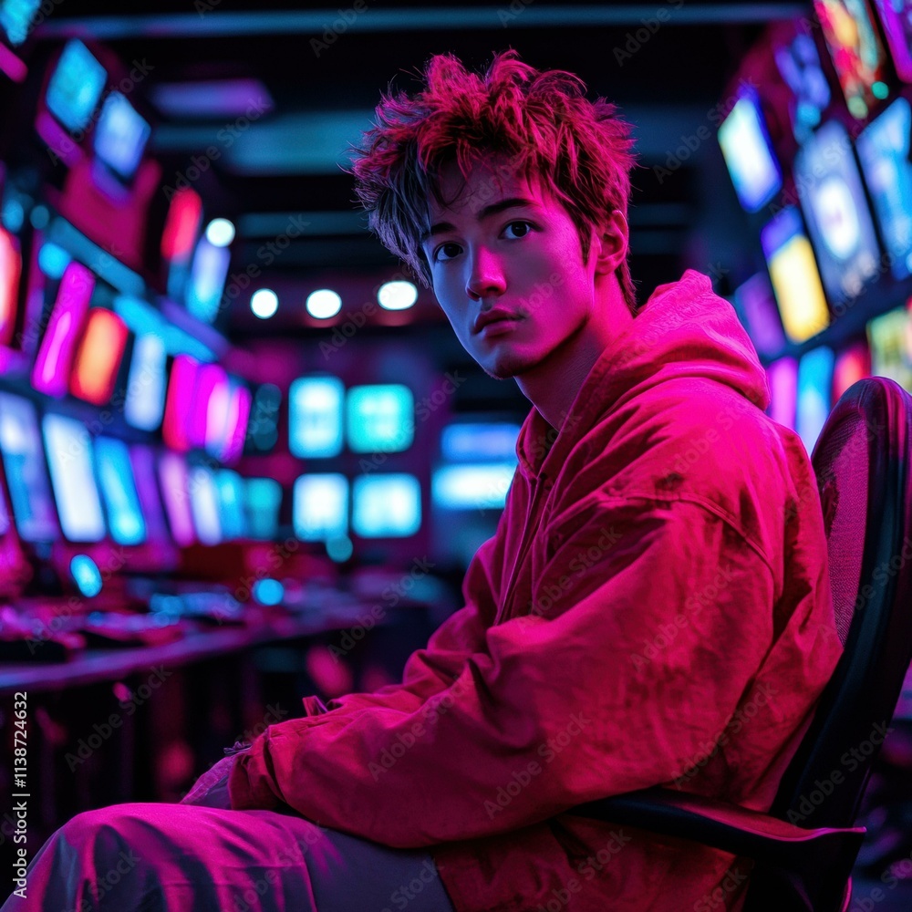 Young man in vibrant pink hoodie sits amidst glowing screens. AI. Young man in vibrant pink hoodie sits amidst glowing screens. AI.
