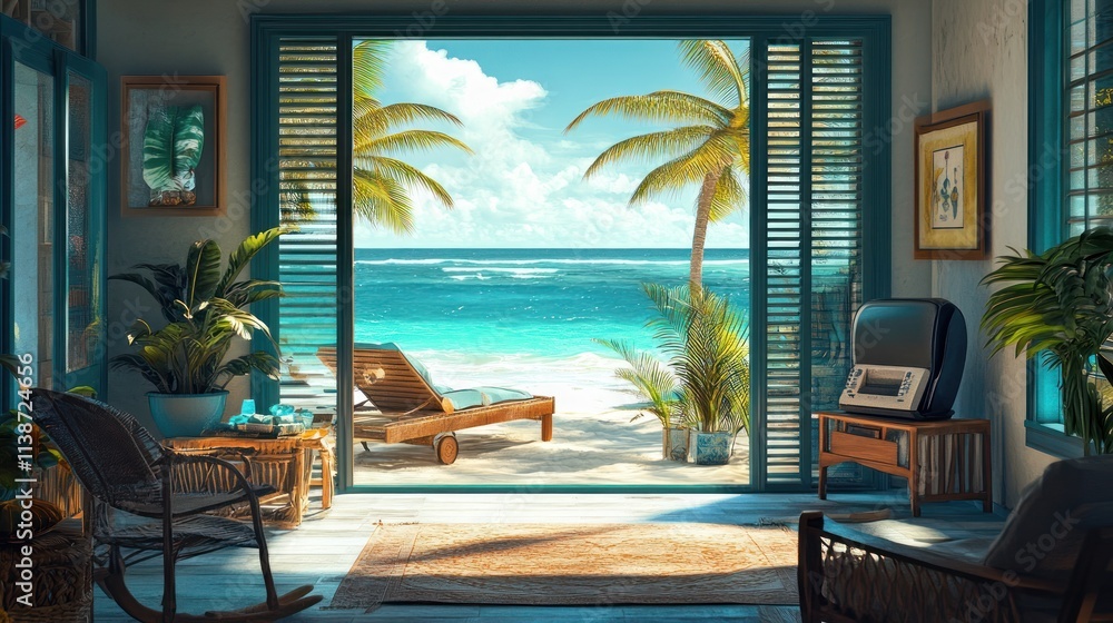 Fototapeta premium Tropical beach view from a vintage room.