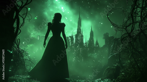 Woman in green dress standing in front of castle. Fairy tales and myths about girl in castle. Fairy tale with a girl and a witch. Fairy tales and fairy tales with a girl in a lifestyle castle.