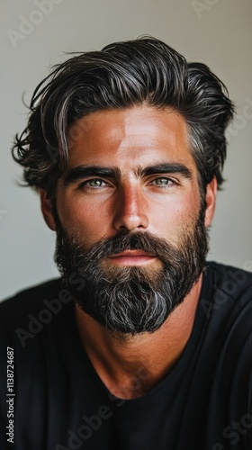 Young man with tousled hair and beard gazes thoughtfully into the distance in...