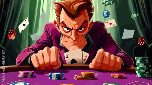 Poker player concept. Professional cardsharper with grinning face showing play cards on casino table, blackjack game gambling bet gambler winner cartoon background vector illustration