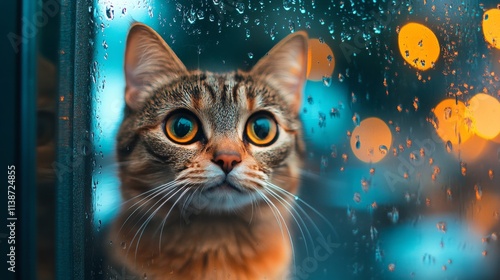 Curious cat gazes through raindrop covered window on a rainy evening