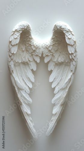 Beautiful white angel wings sculpture created from delicate materials on a ne...