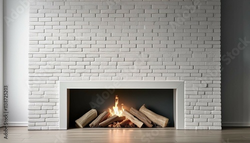 white washed bricks in minimalistic fireplace decor photo