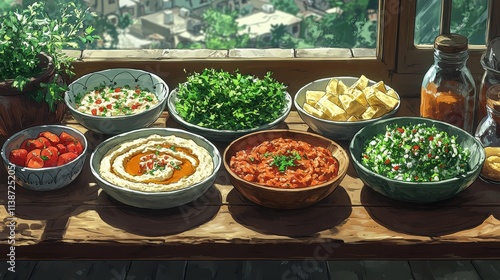 Colorful array of fresh ingredients displayed on a wooden table at a market