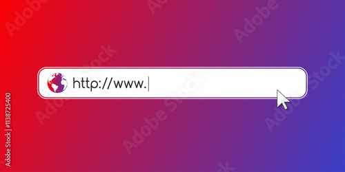 Address and navigation bar as online search and beginning of a website domain and url concept. Web browser tab with globe symbol, cursor, http and www text.