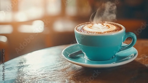 A steaming cup of coffee with latte art on a wooden table.