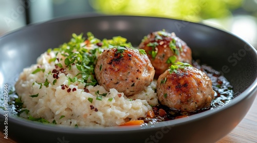 Delicious meatballs served in rich sauce with rice and herbs