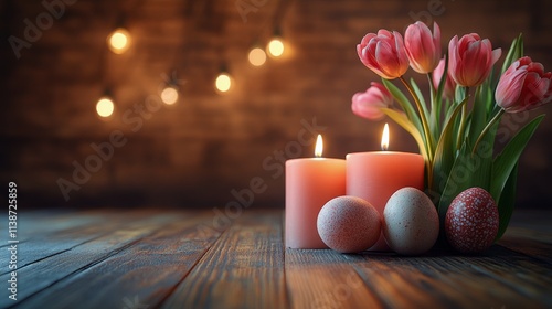 Romantic spring dcor with candles and tulips on wooden table