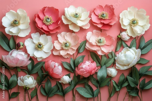 Colorful peonies arranged on a pink background showcasing their beauty and di...