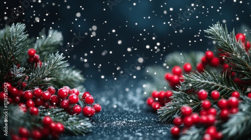 Winter snowfall with red berries and evergreen branches creating a festive at...