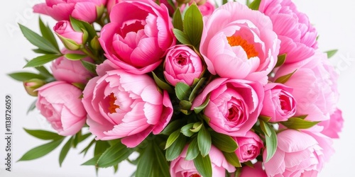 Fototapeta Naklejka Na Ścianę i Meble -  A fresh arrangement of pink peonies and roses with space for text, beautiful, pink, peonies