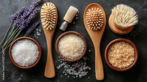 Variety of natural bath salts and lavender on a wooden surface for relaxation