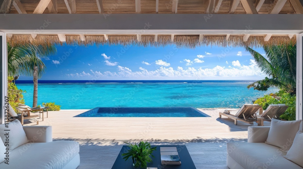 Fototapeta premium Luxurious beachfront villa with infinity pool and ocean view.