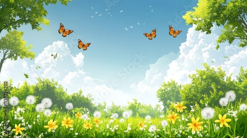 Colorful butterflies flutter among vibrant flowers under a bright blue sky