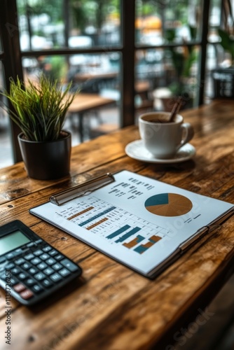 Analysis of financial data with calculator and glasses on the wooden desk