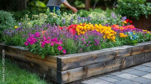 Colorful flower garden with vibrant blooms in raised bed during sunny afternoon