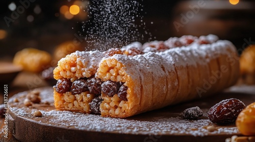 Baking sweet treats with powdered sugar in a rustic kitchen showcase