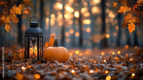 Autumn sunset with pumpkins and candles surrounded by colorful fallen leaves