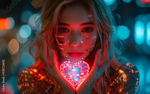 Futuristic art portrait of a young woman cyborg with luminous diodes, symbolizing human-AI symbiosis in tech evolution. Ideal for an album cover or social media splash screen. photo