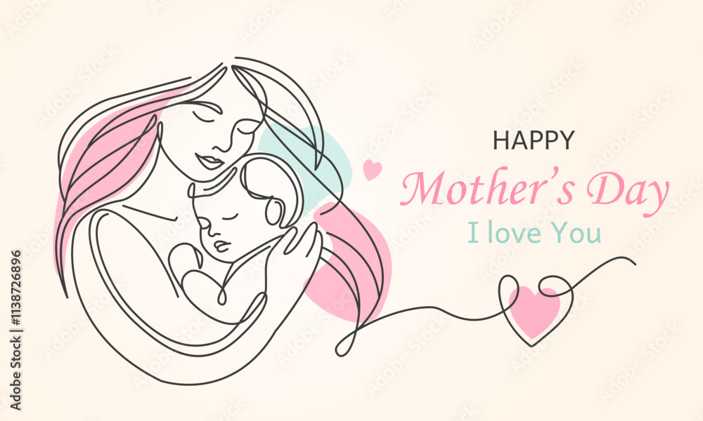 congratulatory banner with happy mother's day. beautiful woman with long hair and little child on her chest. vector illustration isolated congratulatory banner with happy mother's day. beautiful woman with long hair and little child on her chest. vector illustration isolated