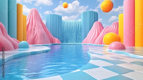 Colorful play area with pastel balls and striped cylinder in bright surroundings