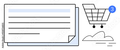Shopping cart with three-item notification, document page with lines, blue notification circle, abstract cloud. Ideal for e-commerce, notifications, online shopping, document management, cloud