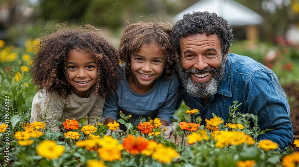 Family enjoying quality time together in a vibrant flower garden during a sunny day Family enjoying quality time together in a vibrant flower garden during a sunny day