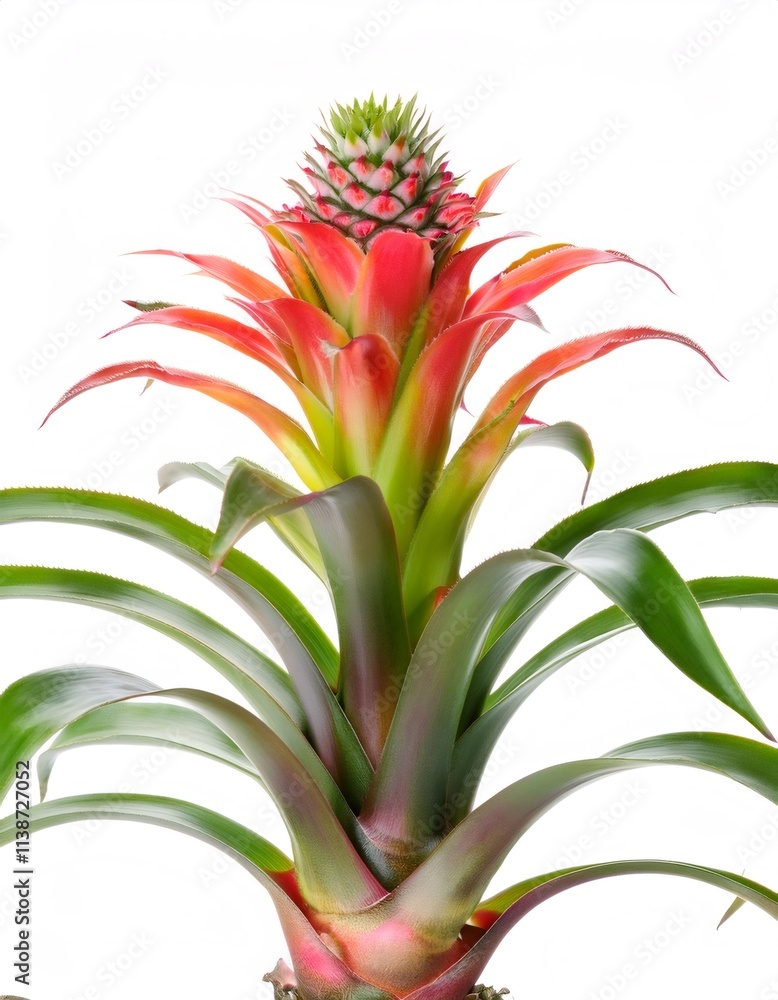 Obraz premium Vibrant bromeliad plant with red and green leaves and unique flower, displayed against a white backdrop