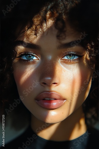 Woman with curly hair and striking blue eyes shows freckles during natural li...