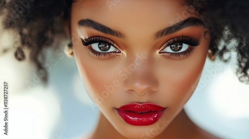 Close up of a model showcasing bold eyeliner and flawless makeup in natural l...