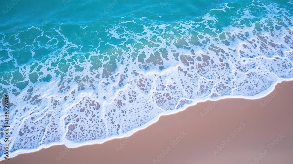 Blue turquoise ocean water with white foamy waves crashing against the shore, beach, turquoise Blue turquoise ocean water with white foamy waves crashing against the shore, beach, turquoise