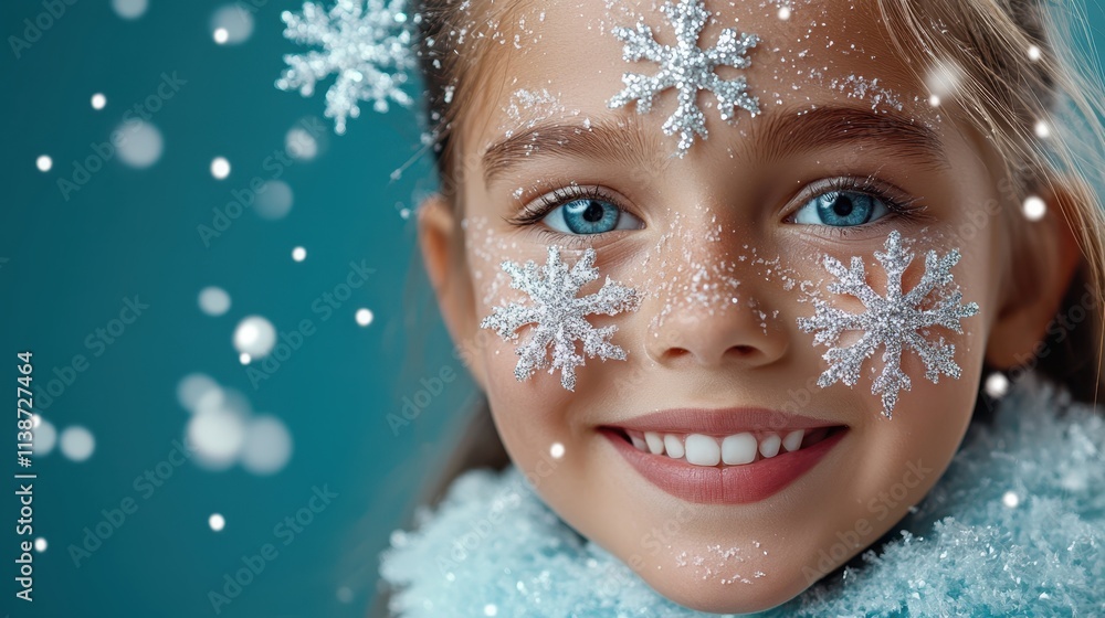 Cute little girl with sparkling snowflakes on her face smiles joyfully in a festive winter setting Cute little girl with sparkling snowflakes on her face smiles joyfully in a festive winter setting