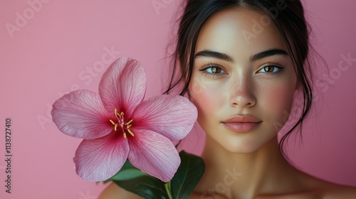 Young woman with blue eyes holding yellow flower against a neutral background
