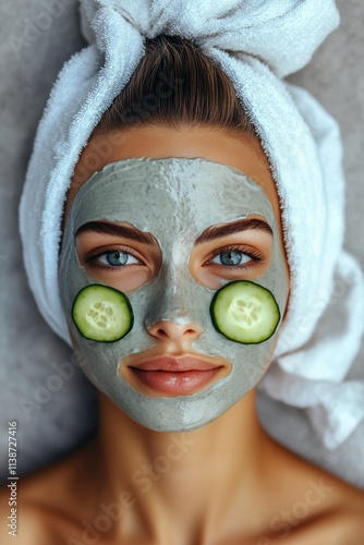 Woman relaxing with a facial mask and cucumber slices at a spa setting