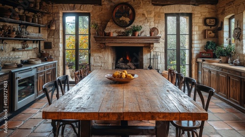 Elegant dining area with rustic decor and large windows showcasing a garden v...