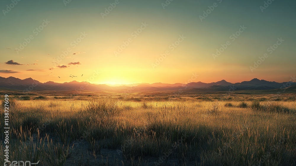 Dramatic Mountains Under Warm Sky at Horizon Dramatic Mountains Under Warm Sky at Horizon