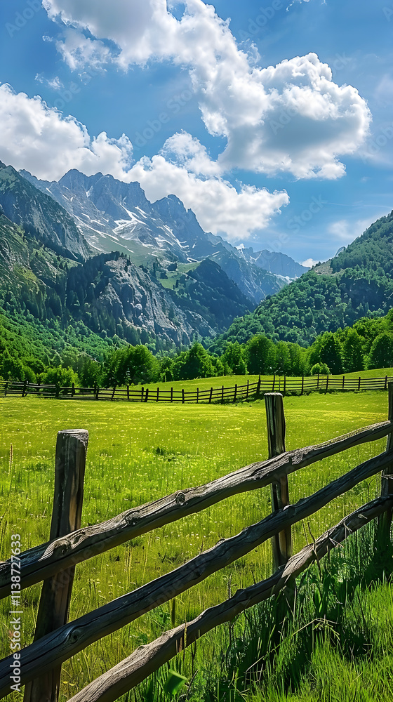 Stunning Landscape with Wooden Fence Dividing Lush Field and Rugged Mountains Under Clear Sky Stunning Landscape with Wooden Fence Dividing Lush Field and Rugged Mountains Under Clear Sky