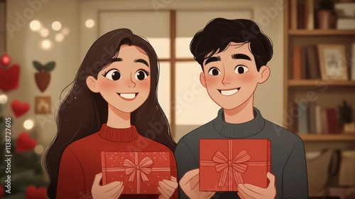 Joyful couple exchanging a gift during a festive holiday celebration at night photo