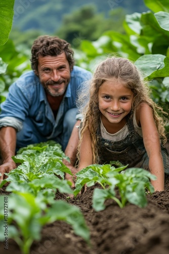 Young adults cultivating crops in a lush field during a cloudy day