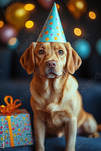 Happy dog celebrates birthday with festive hat and colorful decorations around