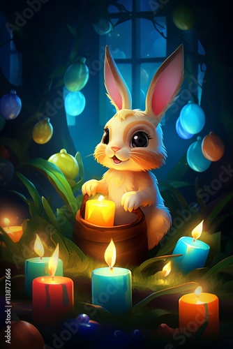 Illustration of a Cute Easter Bunny with a pot full of candles