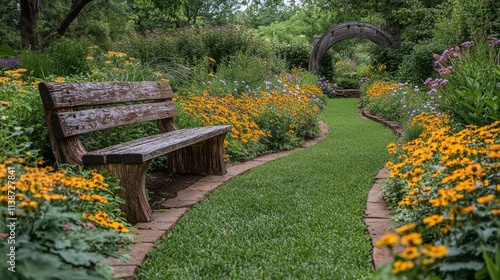 Charming garden seating area surrounded by vibrant flowers and lush greenery ...