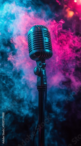 Vintage microphone surrounded by colorful smoke at a music event in an intima...