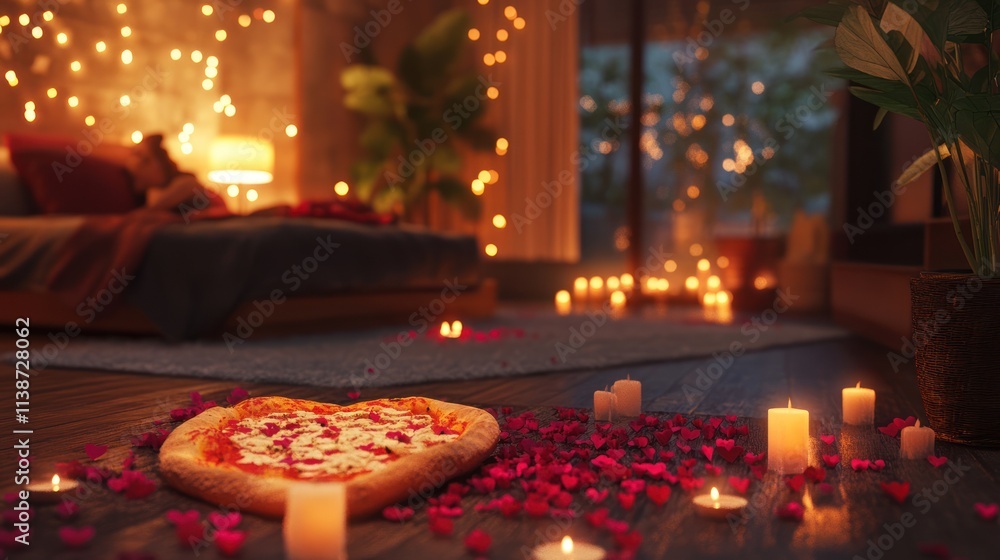 Romantic pizza dinner in a cozy bedroom. Romantic pizza dinner in a cozy bedroom.