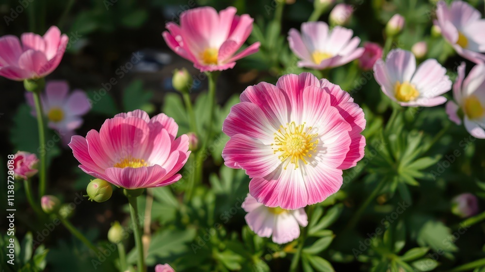 Close-up of delicate pink and white ranunculus flowers in full bloom, natural, flowers Close-up of delicate pink and white ranunculus flowers in full bloom, natural, flowers